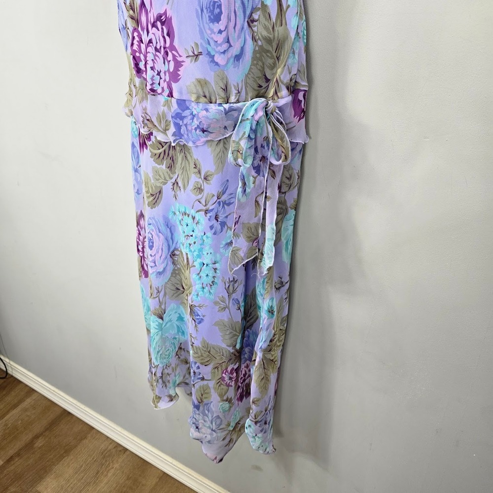 Vintage Meghan Mathews Midi Dress 10 Lilac Floral Asymmetrical Fairy Y2K Flutter - Picture 8 of 12